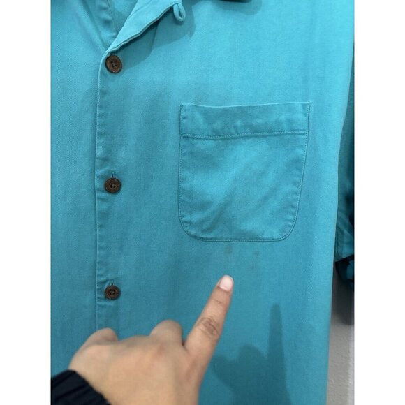 Tommy Bahama Button Up Short Sleeve Shirt Teal Blue Tropical Men Large 100% Silk - Picture 2 of 10